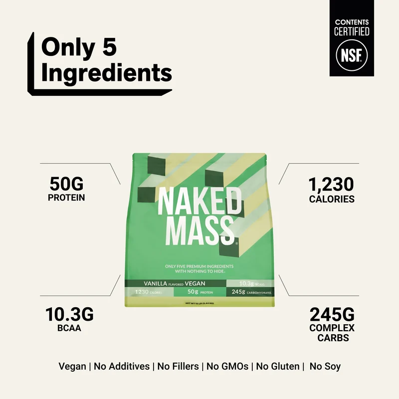 Vanilla Vegan Mass Gainer Supplement | Naked Vegan Mass - 12LB