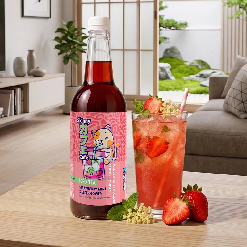 Sirop pour thé glacé Skinny Caffe saveur fraise-menthe et fleur de sureau, sans sucre - 1 litre