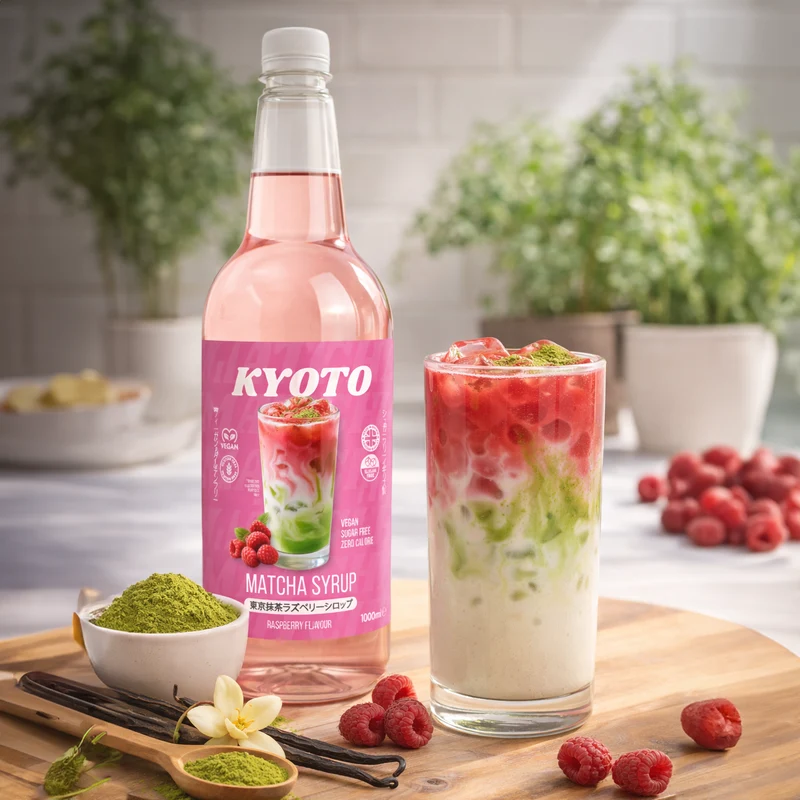Sirop de matcha à la framboise de Kyoto - Faible en calories et sans sucre - 1 litre