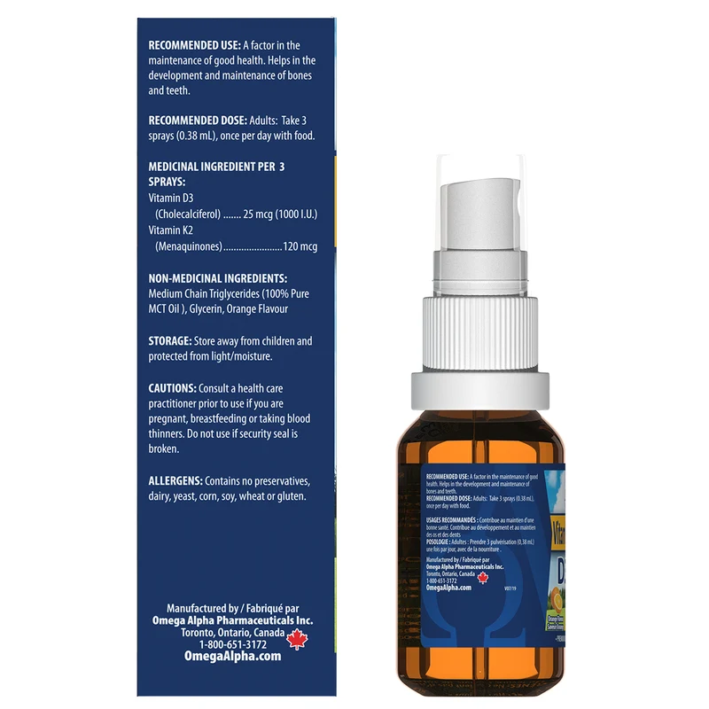 Omega Alpha - Vitamin D3 & K2 Spray Supplement - Orange Flavour | 15 mL