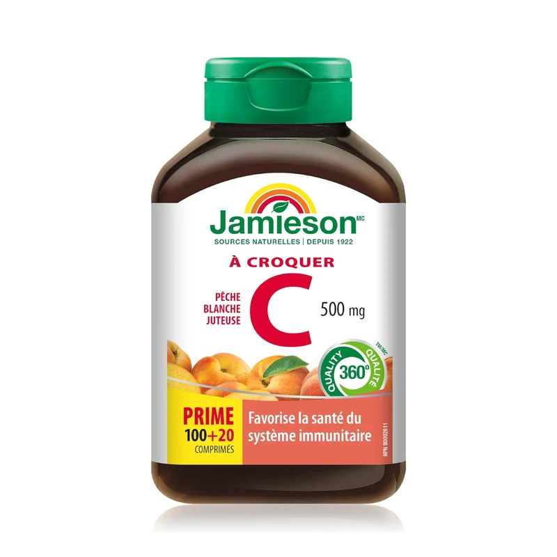 Jamieson - Chewable Vitamin C Supplement 500 mg - Juicy White Peach | 100+20 Bonus Tablets
