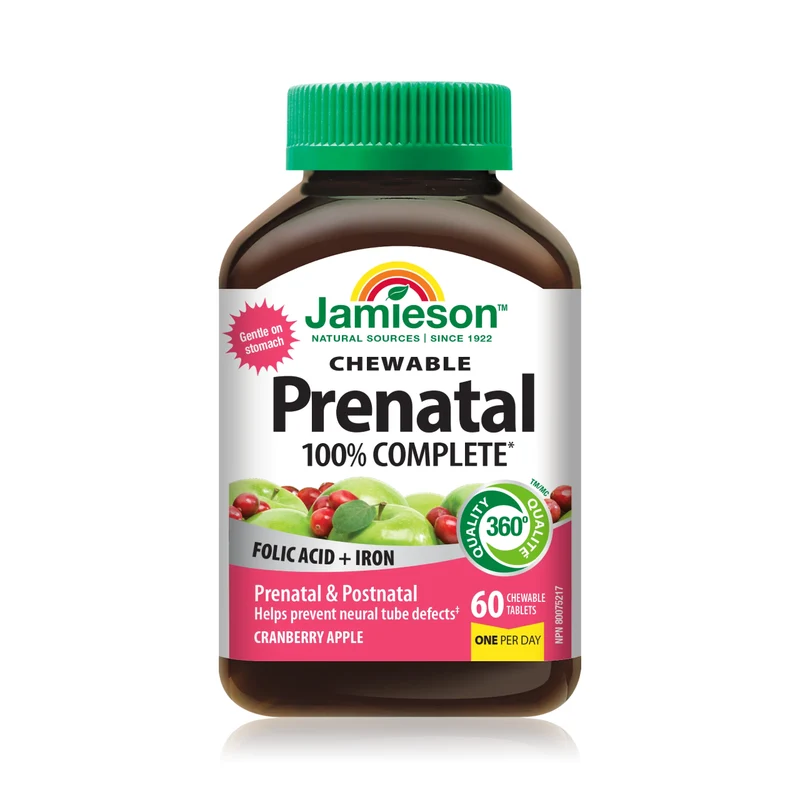 Jamieson - Prenatal 100% Complete MultiVitamin with Iron - Cranberry Apple Flavour | 60 Chewable Tablets