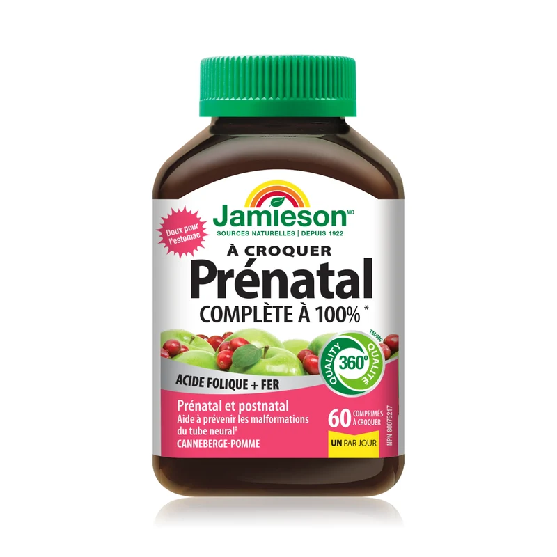 Jamieson - Prenatal 100% Complete MultiVitamin with Iron - Cranberry Apple Flavour | 60 Chewable Tablets