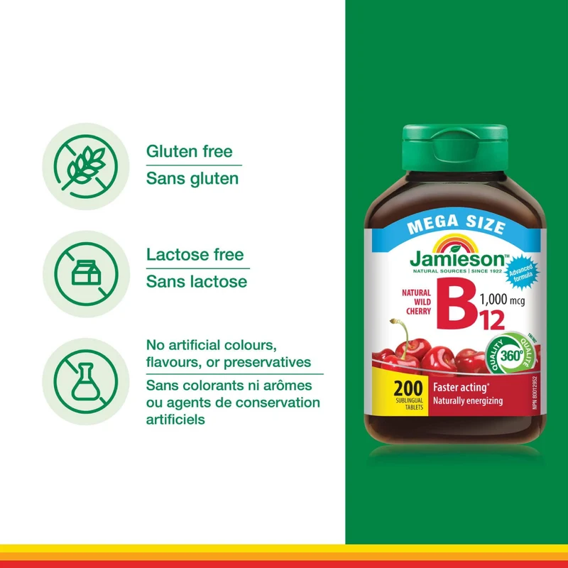 Jamieson - Vitamin B12 1000 mcg with Folic Acid | 200 Tablets