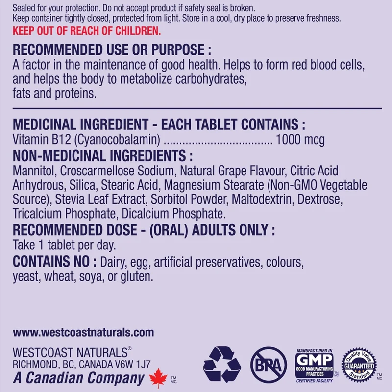WestCoast Naturals - Vitamin B12 1000 mcg | 90 Tablets