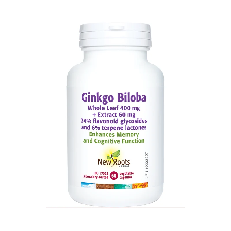 New Roots - Ginkgo Biloba Whole Leaf 400 mg + Extract 60 mg 24% flavonoid glycosides and 6% terpene lactones | 60 capsules
