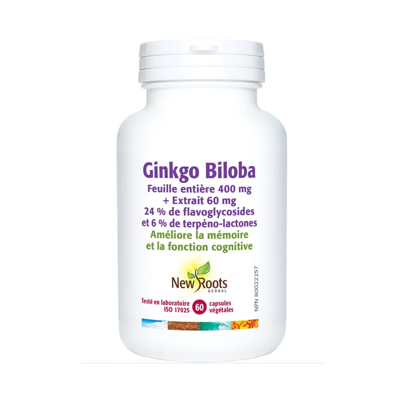 New Roots - Ginkgo Biloba Whole Leaf 400 mg + Extract 60 mg 24% flavonoid glycosides and 6% terpene lactones | 60 capsules