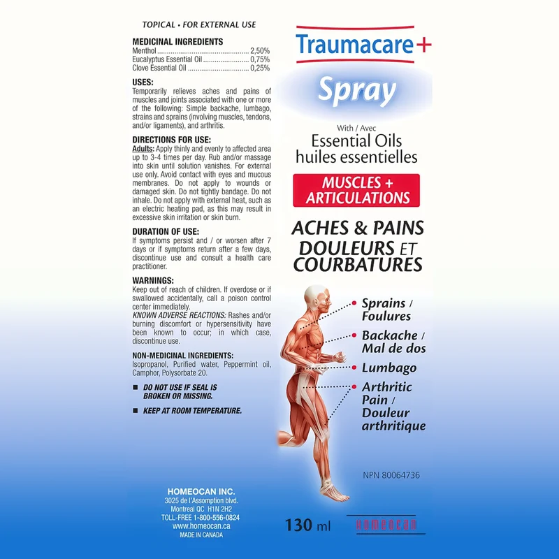 Homeocan - Traumacare+ Spray with Essential Oils for Aches & Pains | 130 mL