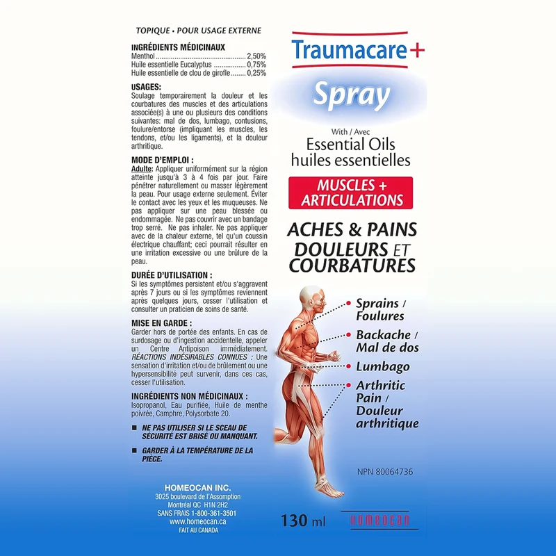 Homeocan - Traumacare+ Spray with Essential Oils for Aches & Pains | 130 mL