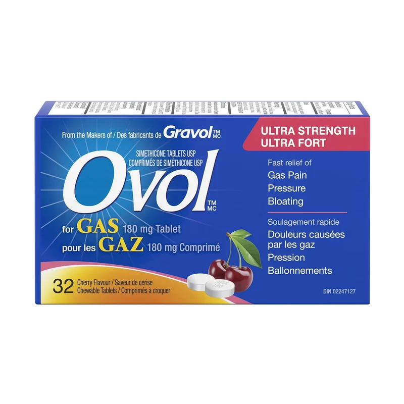 Ovol - Cherry Flavour Chewable Tablets for Gas, Ultra Strength | 32 Tablets