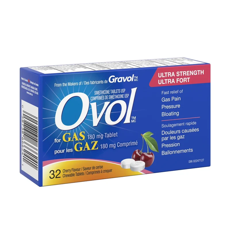 Ovol - Cherry Flavour Chewable Tablets for Gas, Ultra Strength | 32 Tablets