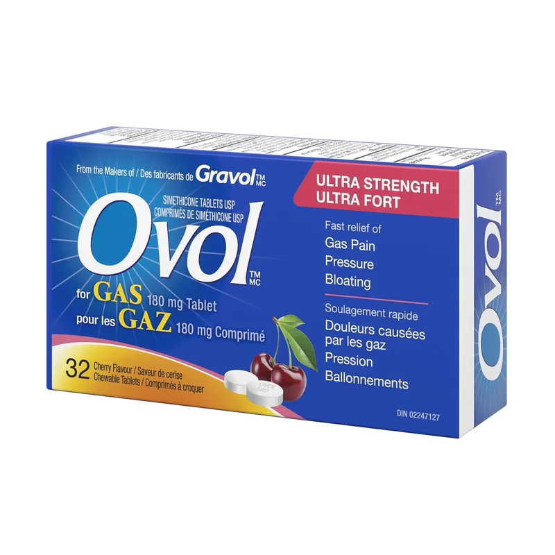 Ovol - Cherry Flavour Chewable Tablets for Gas, Ultra Strength | 32 Tablets