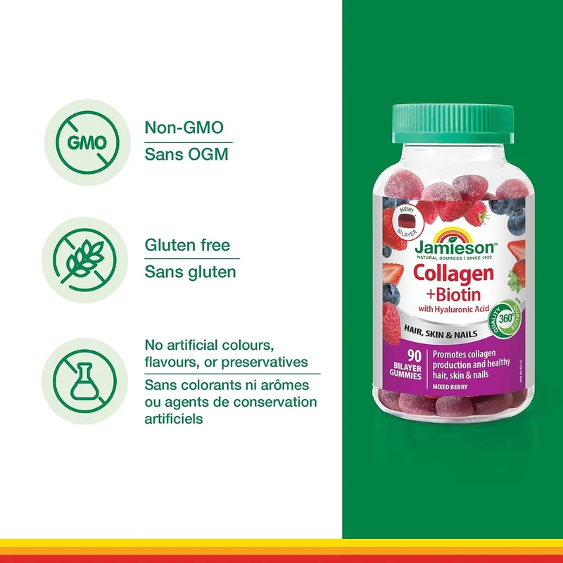 Jamieson - Collagen + Biotin with Hyaluronic Acid, Mixed Berry | 90 Bilayer Gummies