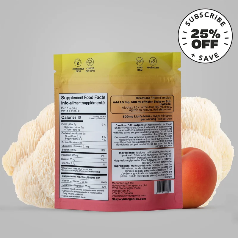 Stay Wyld - Electrolyte Drink Mix with Lion's Mane + Vitamin C, Just Peachy Flavour | 30 Servings
