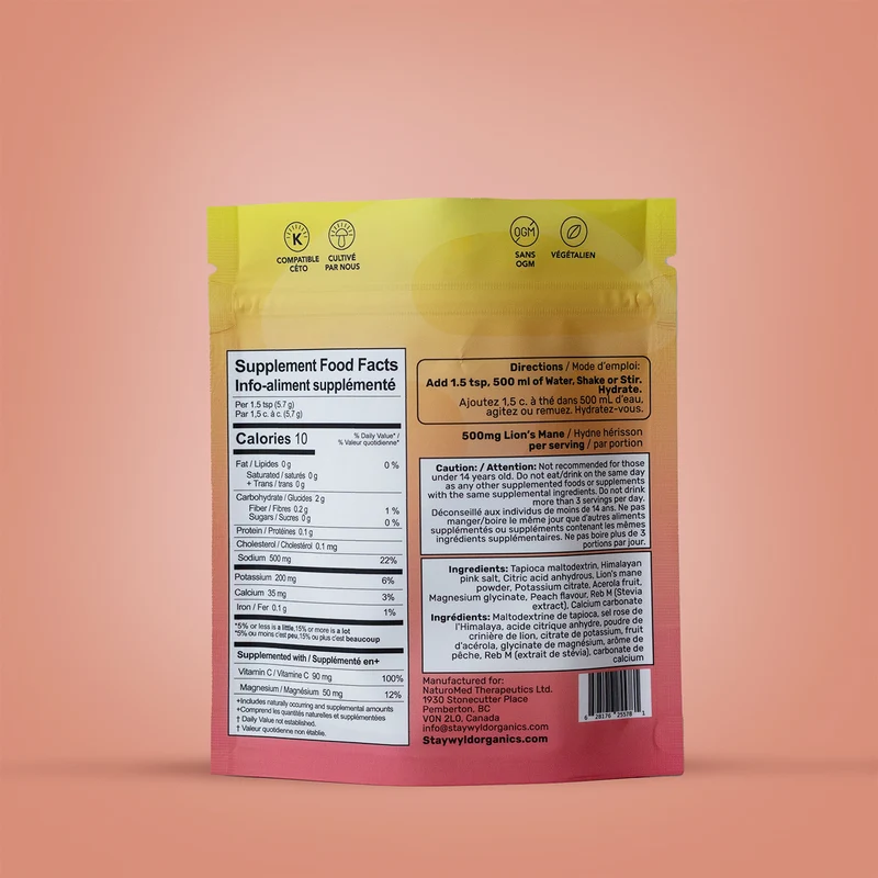 Stay Wyld - Electrolyte Drink Mix with Lion's Mane + Vitamin C, Just Peachy Flavour | 30 Servings