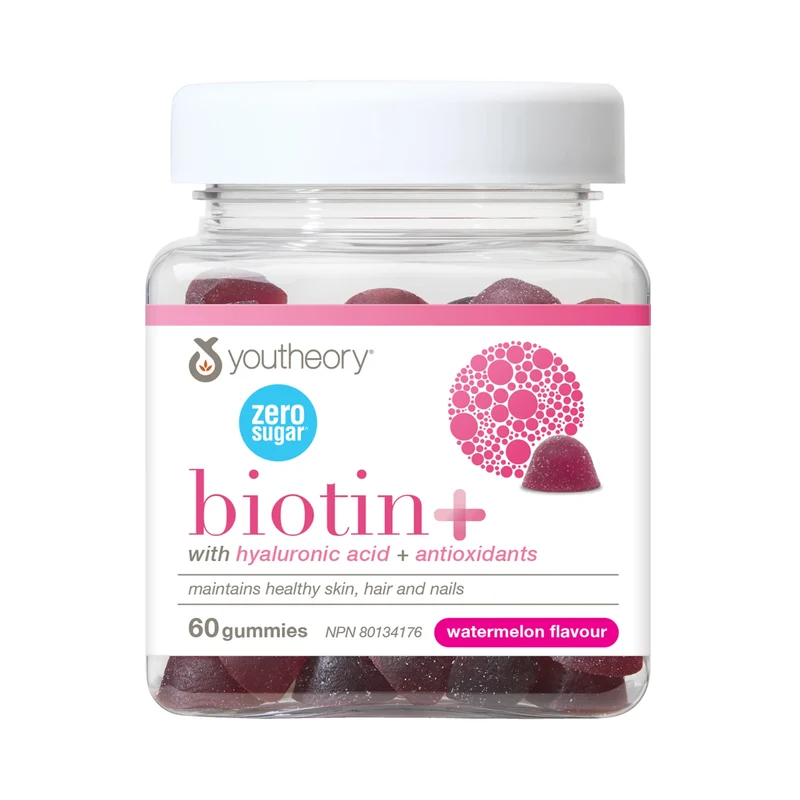 Youtheory - Biotin+ Gummies with Hyaluronic Acid, Watermelon | 60 Gummies