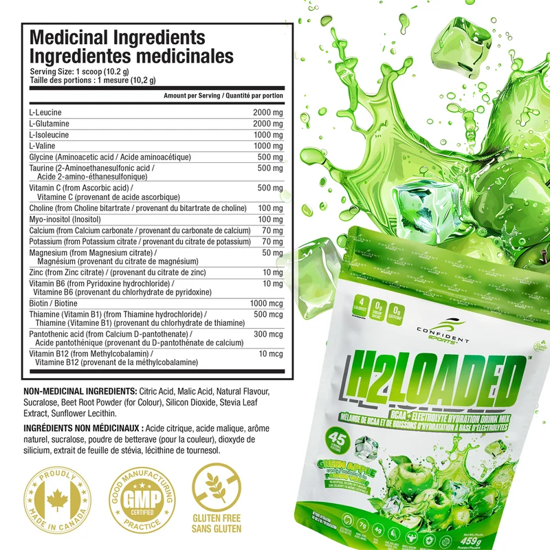 Confident Sports - H2Loaded BCAA Electrolyte Drink Mix, Green Apple | 459 g