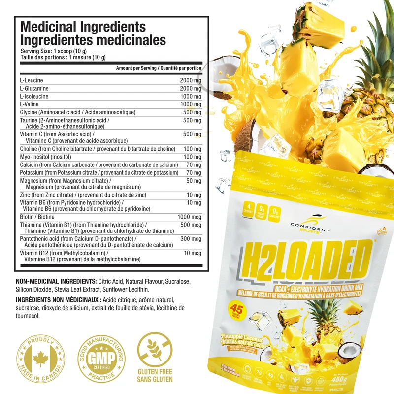 Confident Sports - H2Loaded BCAA Electrolyte Drink Mix, Pineapple Coconut | 450 g