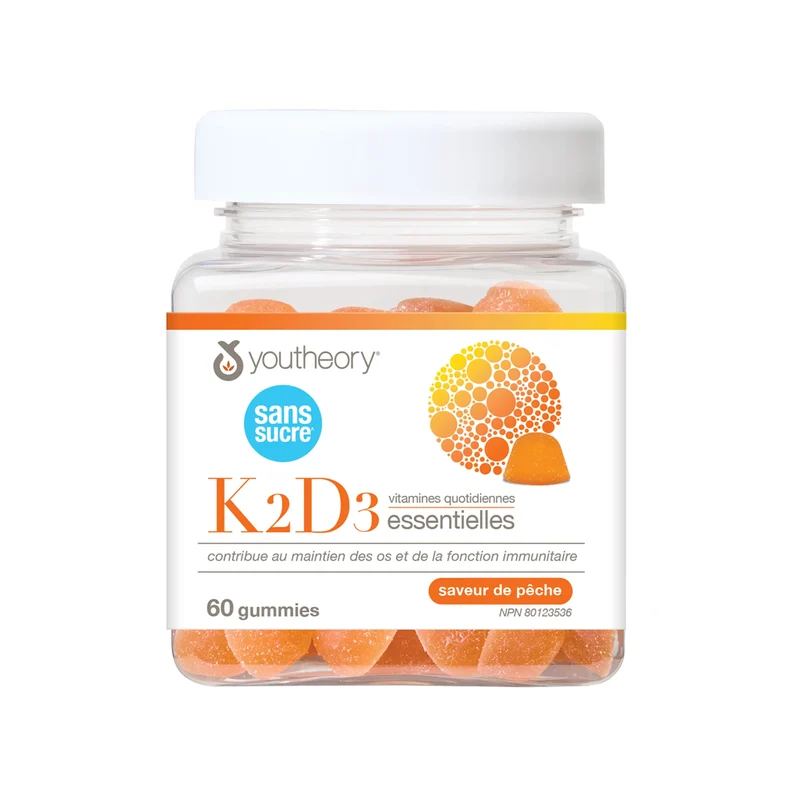 Youtheory - Zero Sugar Vitamin K2+D3 Essential Daily Gummies, Peach | 60 Gummies