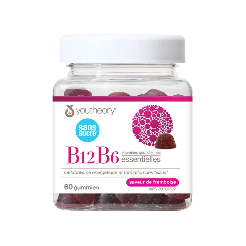 Youtheory - Zero Sugar Vitamin B12+B6 Essential Daily Gummies, Raspberry | 60 Gummies