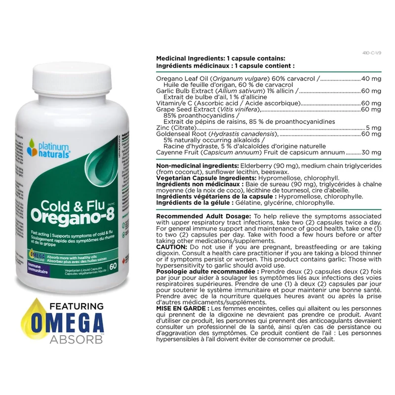 Platinum Naturals - Therapeutic Cold & Flu Oregano-8 | 60 Liquid Capsules