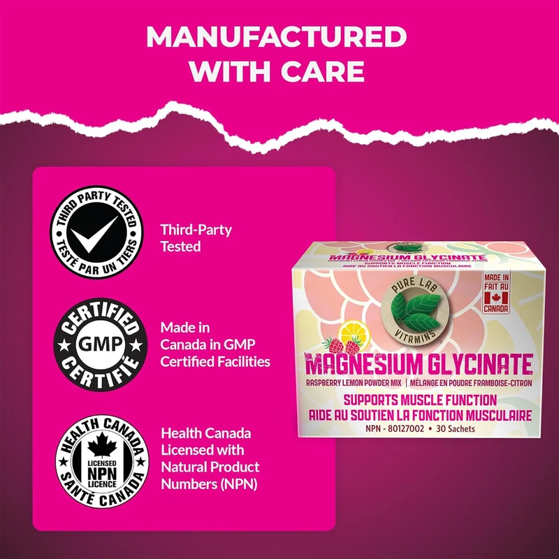 Pure Lab - Magnesium Glycinate Raspberry & Lemon Powder Mix | 30 Sachets