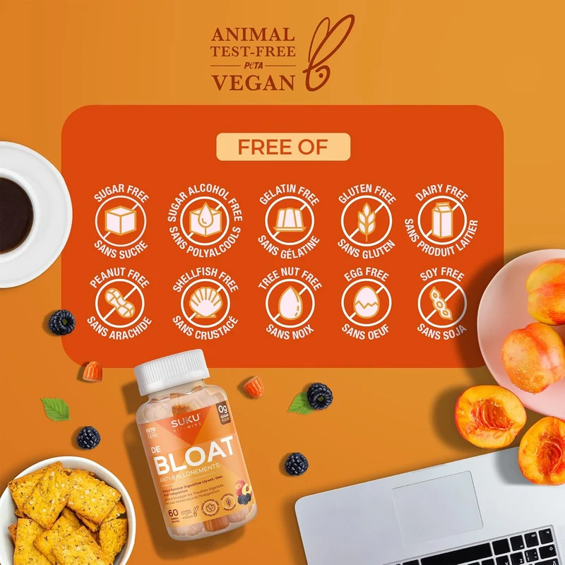 Suku Vitamins - De Bloat Supplement, Berry Peachy Flavour | 60 Gummies