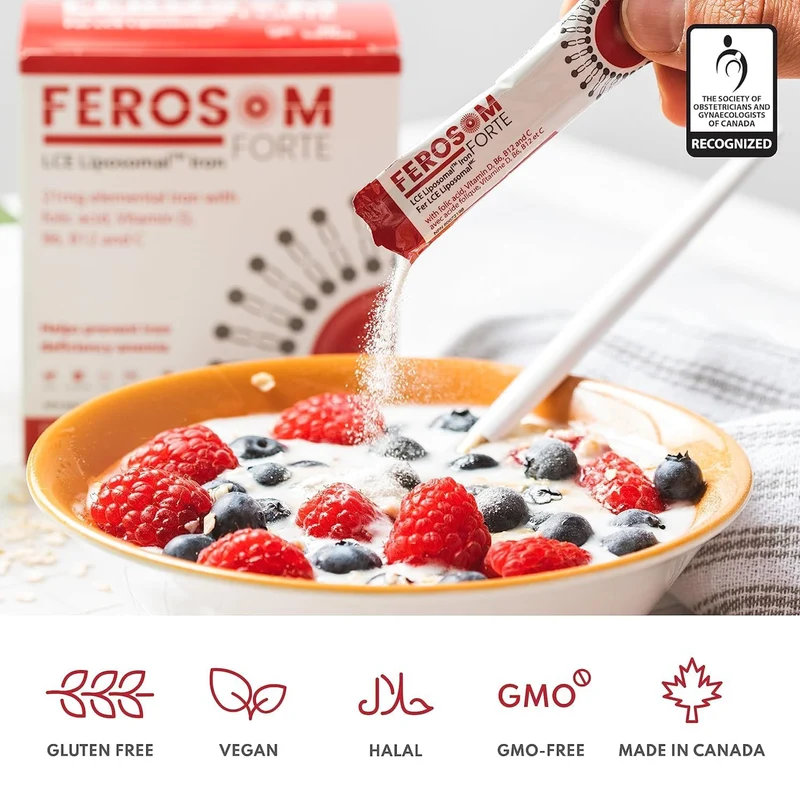 Ferosom Forte – Iron Supplement Powder Elemental Iron, Berry Flavor | 20 Sachets