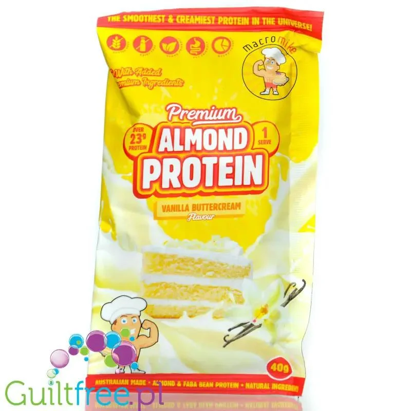 Macro Mike Almond Plant Protein, Vanilla Buttercream, 40g - wegańska migdałowa odżywka białkowa bez glutenu, mleka i sukralozy