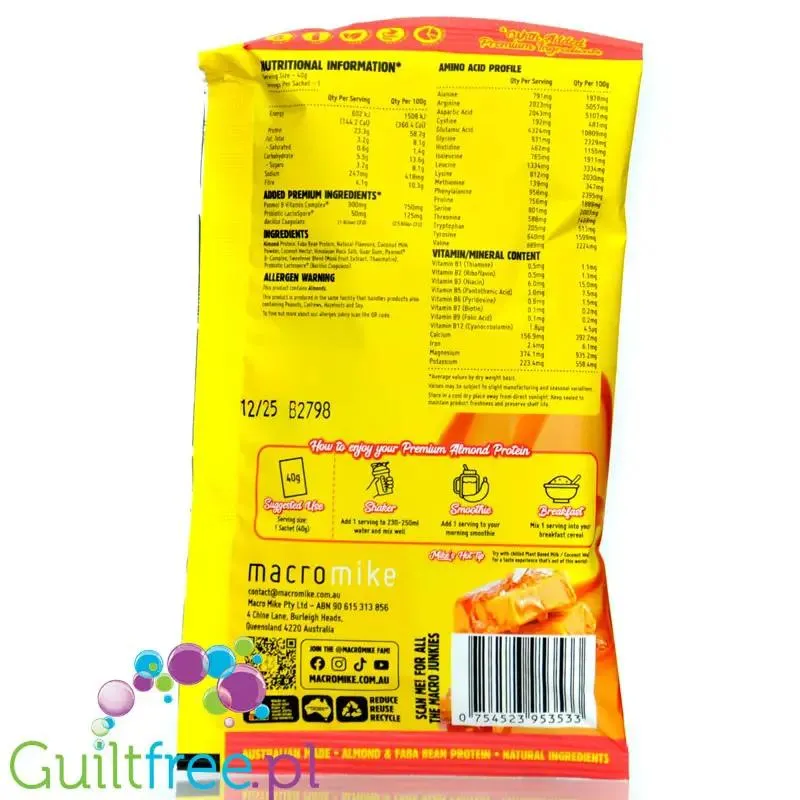Macro Mike Almond Plant Protein, Salted Caramel, 40g - wegańska migdałowa odżywka białkowa bez glutenu, mleka i sukralozy