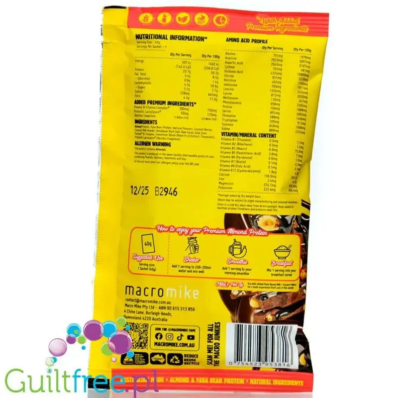 Macro Mike Almond Plant Protein, Choc Hazelnut, 40g - wegańska migdałowa odżywka białkowa bez glutenu, mleka i sukralozy