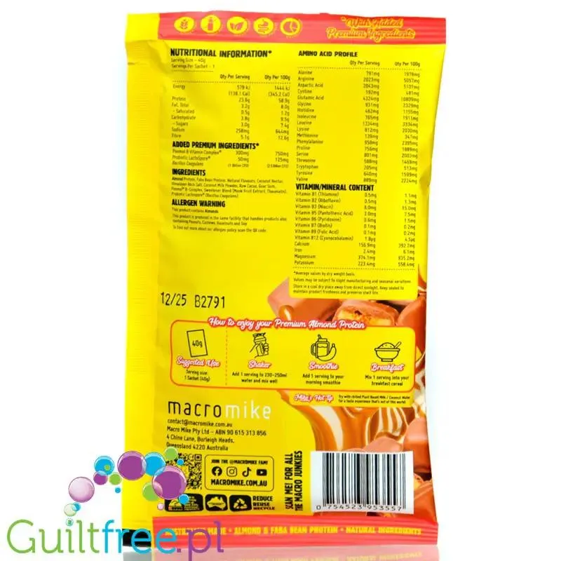Macro Mike Almond Plant Protein, Choc Honeycomb, 40g - wegańska migdałowa odżywka białkowa bez glutenu, mleka i sukralozy