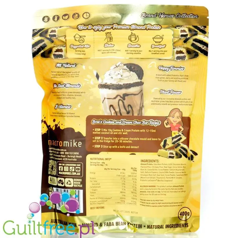 Macro Mike Almond Plant Protein, Cookies & Cream - wegańska turbo kremowa odżywka bez glutenu, mleka i sukralozy