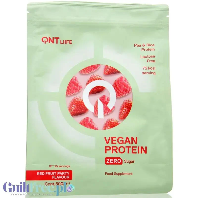 QNT Life Vegan Red Fruit Party - wegańska odżywka białkowa, izolat białka grochu z białkiem ryżu, Truskwki & Maliny