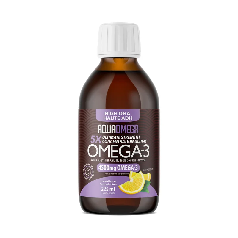 Aquaomega - Wild Caught Fish Oil Omega-3 5X Ultimate Strength 4500mg High DHA, Lemon Flavour | 225 mL