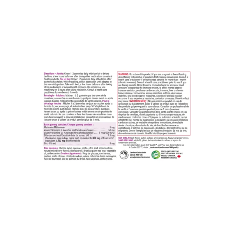 Jamieson - Melatonin with Vitamin C + D3 Mixed Berry Flavour | 60 Gummies