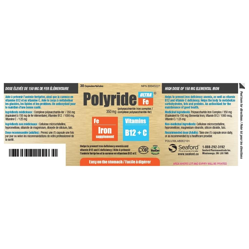 Polyride Ultra Fe - Iron + Vitamins B12 + C | 30 Capsules