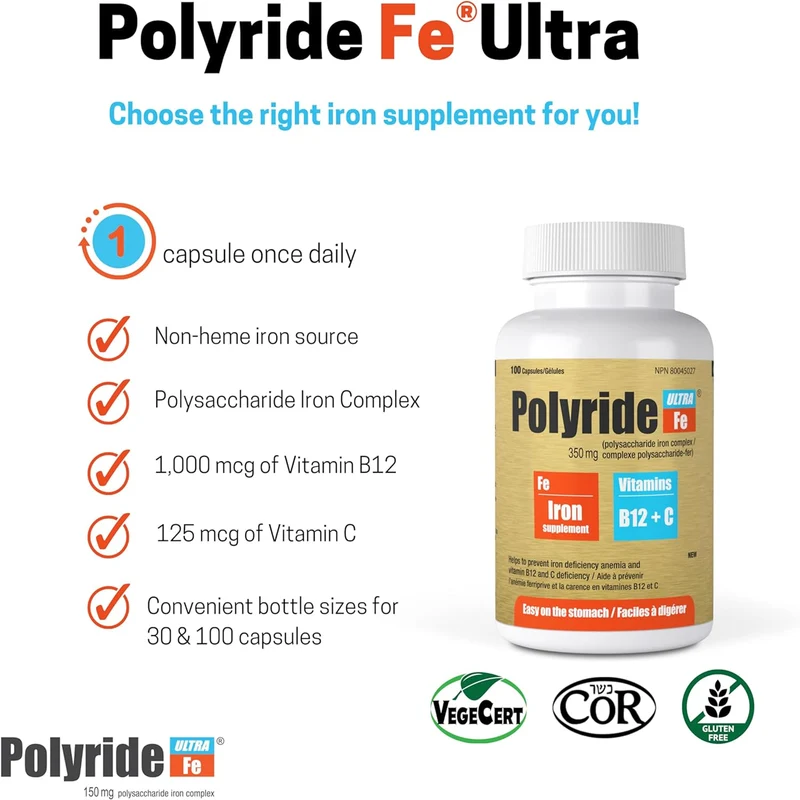 Polyride Ultra Fe - Iron + Vitamins B12 + C | 30 Capsules