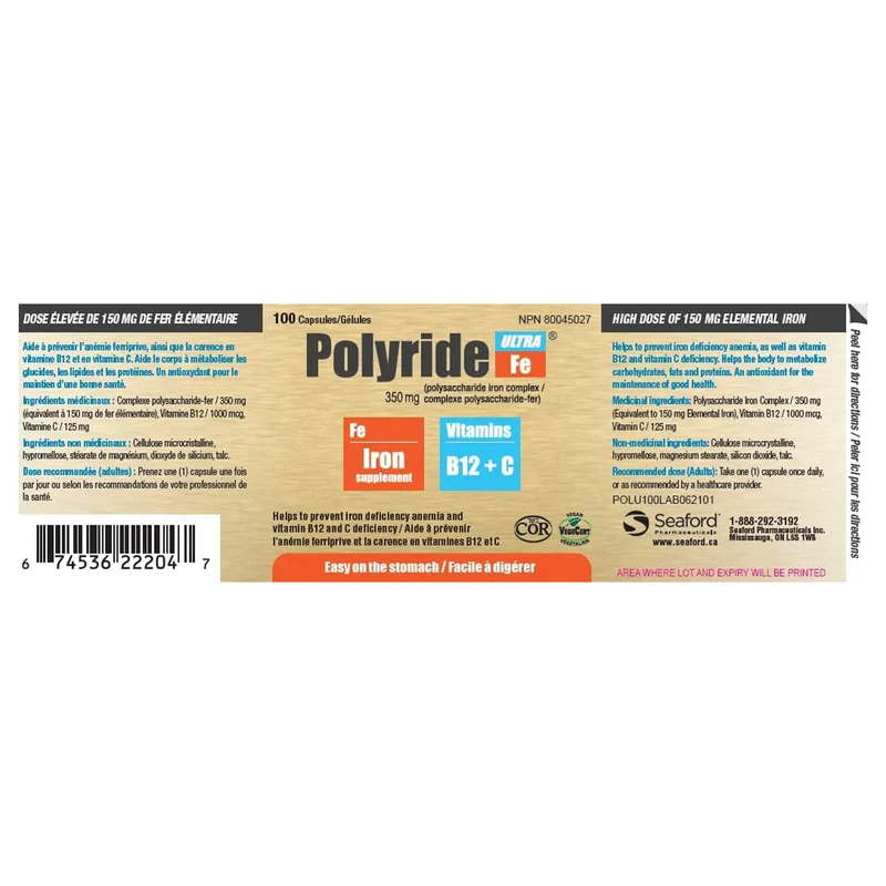 Polyride Ultra Fe - Iron + Vitamins B12 + C | 100 Capsules