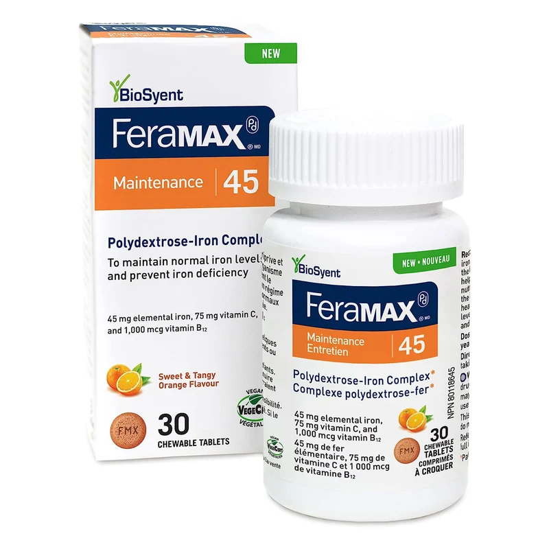BioSyent - FeraMAX Pd Maintenance 45 Iron Supplement for Prevention of Iron Deficiency, Orange Flavor | 30 Chewable Tablets