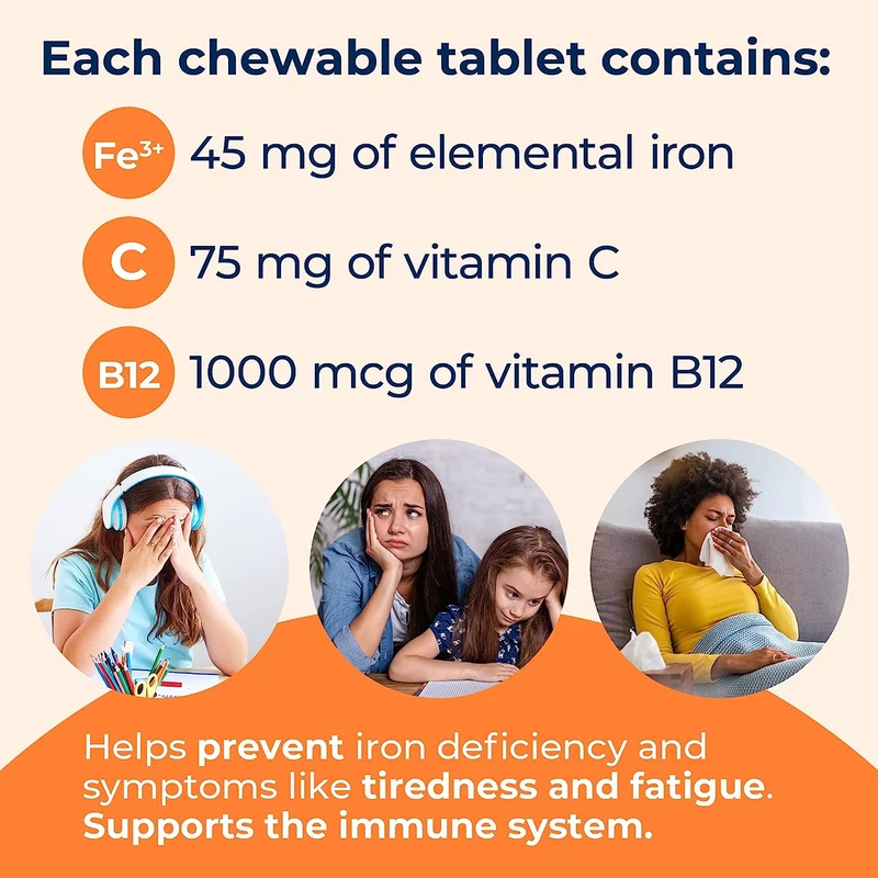 BioSyent - FeraMAX Pd Maintenance 45 Iron Supplement for Prevention of Iron Deficiency, Orange Flavor | 30 Chewable Tablets