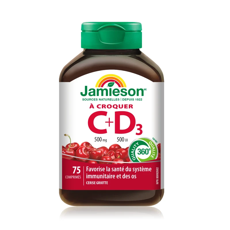 Jamieson - Chewable Vitamin C 500 mg + Vitamin D3 500 IU - Tart Morello Cherry | 75 Tablets