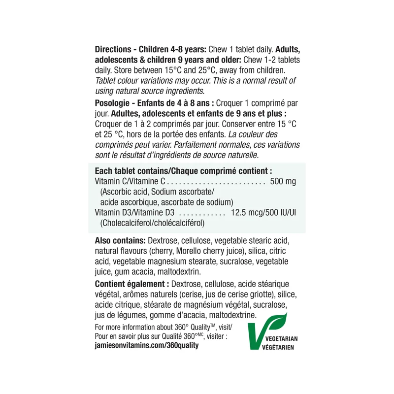 Jamieson - Chewable Vitamin C 500 mg + Vitamin D3 500 IU - Tart Morello Cherry | 75 Tablets