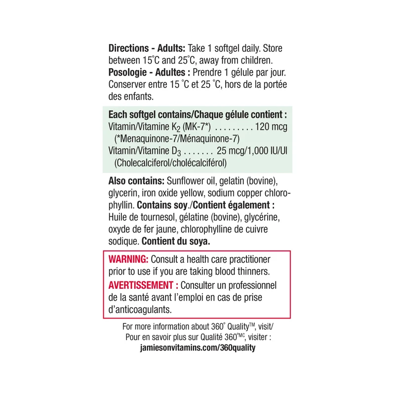 Jamieson Vitamin K2 120 mcg + Vitamin D3 1000 IU | 30 Softgels