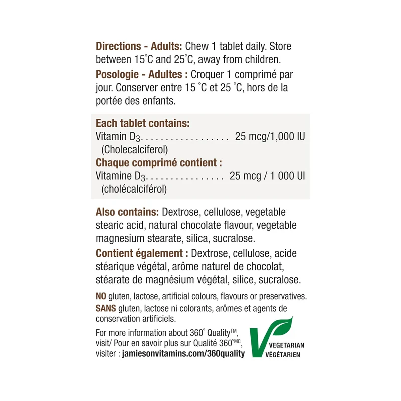 Jamieson - Chewable Vitamin D3 1000 IU - Rich Natural Chocolate | 100 Tablets