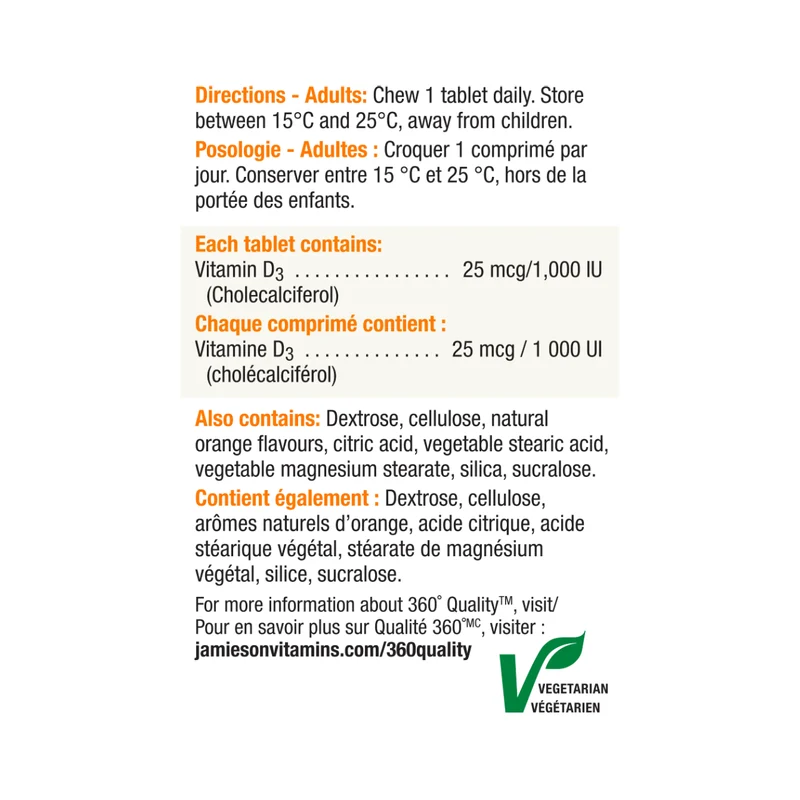 Jamieson - Chewable Vitamin D3 1000 IU - Natural Tangy Orange | 100 Tablets