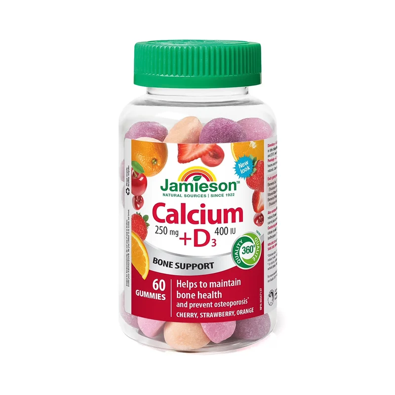 Jamieson - Calcium 250 mg + D3 400 IU Gummies - Cherry, Strawberry & Orange | 60 Gummies