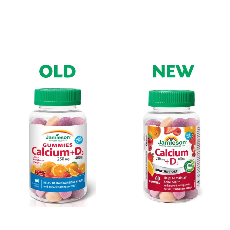 Jamieson - Calcium 250 mg + D3 400 IU Gummies - Cherry, Strawberry & Orange | 60 Gummies