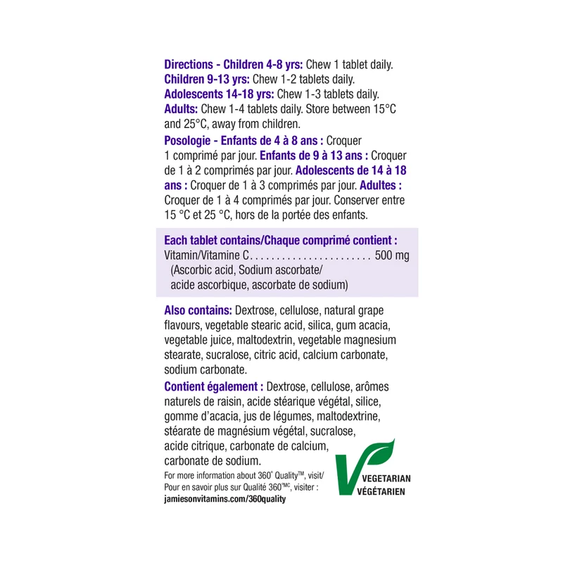 Jamieson - Chewable Vitamin C 500 mg - Natural Sweet Grape | 120 Tablets