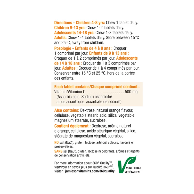 Jamieson - Chewable Vitamin C 500 mg - Natural Tangy Orange | 120 Tablets